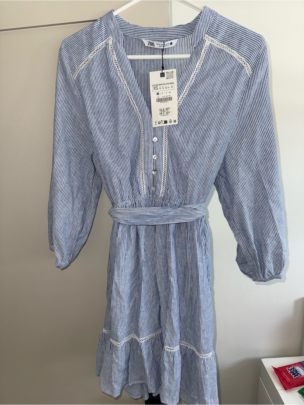 ZARA Light Blue & White Striped Midi Dress with waist tie